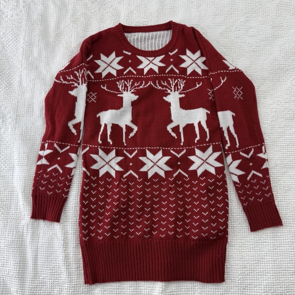 Christmas Reindeer Sweater Dress Womens Medium Red White Knit Holiday Winter